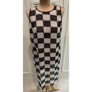 W By WORTH Black & White Checkered Crochet Dress Sheer‎ No Liner Retro Chic